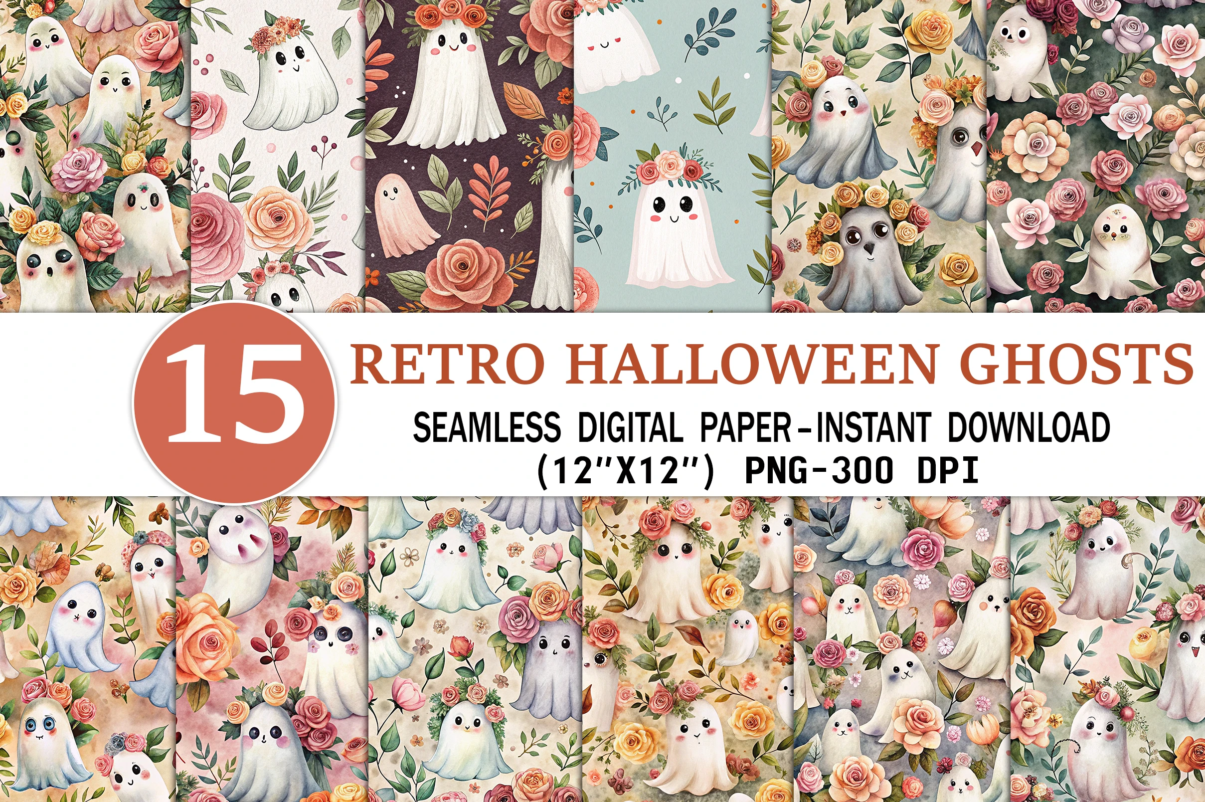 Retro Halloween ghosts Seamless Pattern