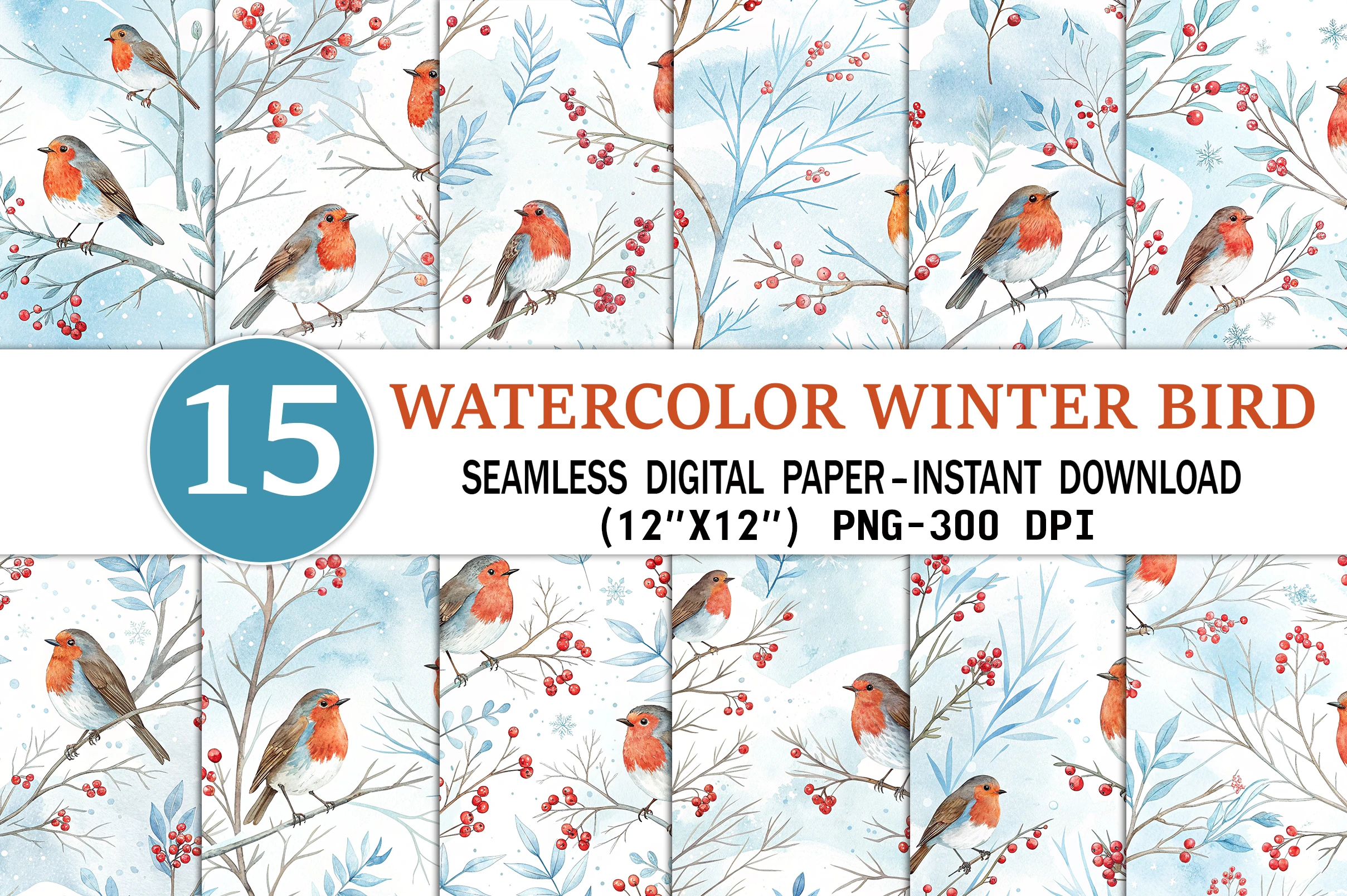 Watercolor Winter Bird Seamless pattern
