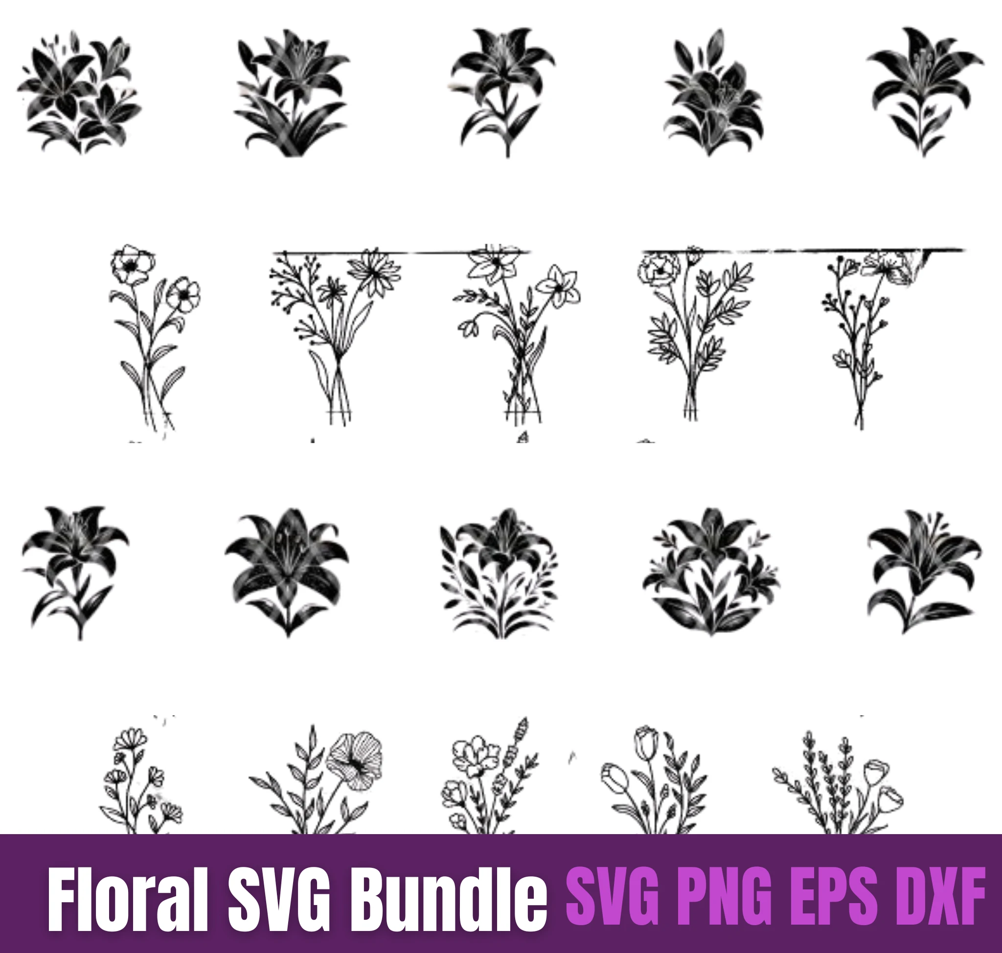 Floral SVG Bundle | Botanical & Flower SVG Cut Files | Hand-Drawn Floral Designs