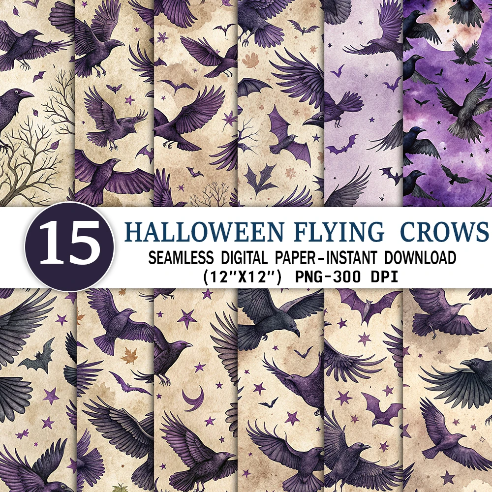 Halloween Flying Crows Seamless Pattern