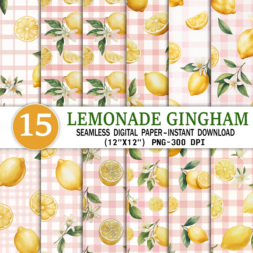 Lemonade Gingham Pattern Digital Paper