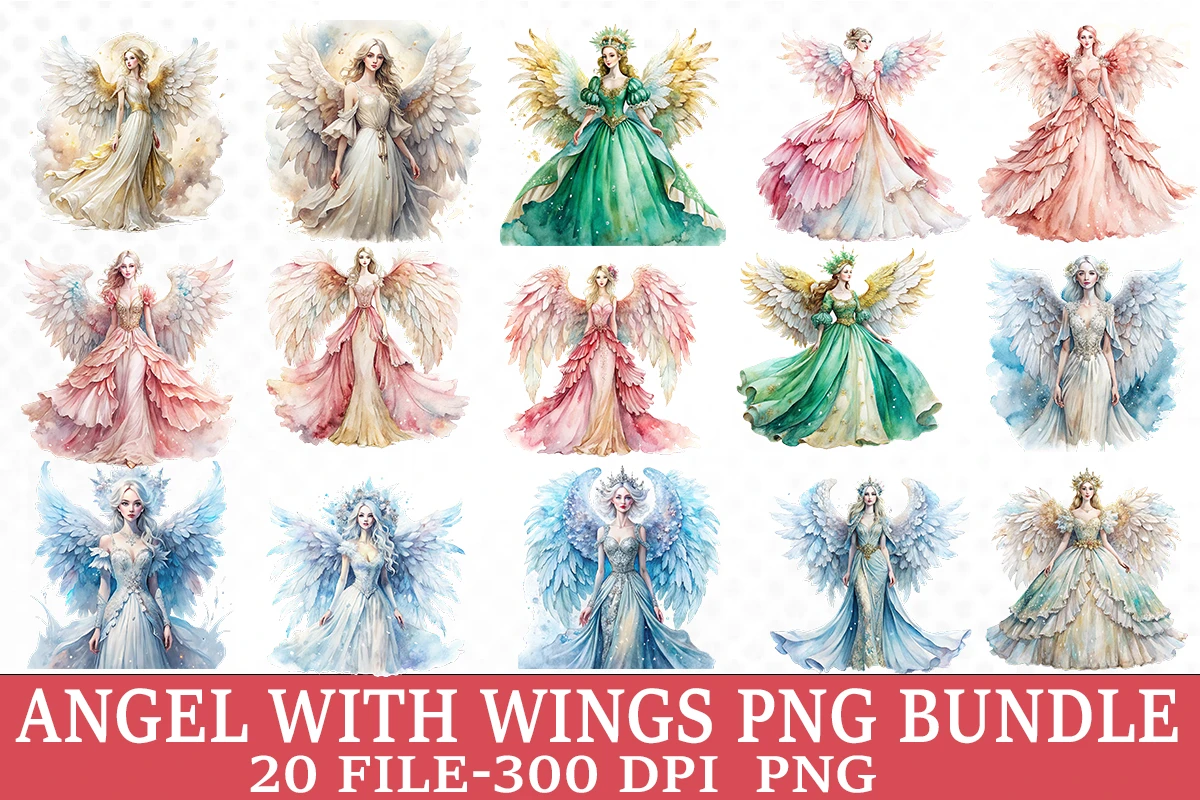 Watercolor Angel with Wings PNG Bundle