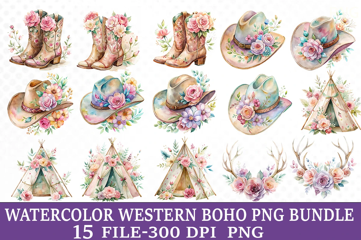 Watercolor Western Boho PNG Bundle