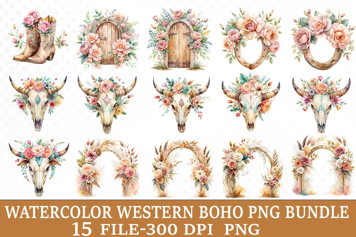 Watercolor Western Boho PNG Bundle