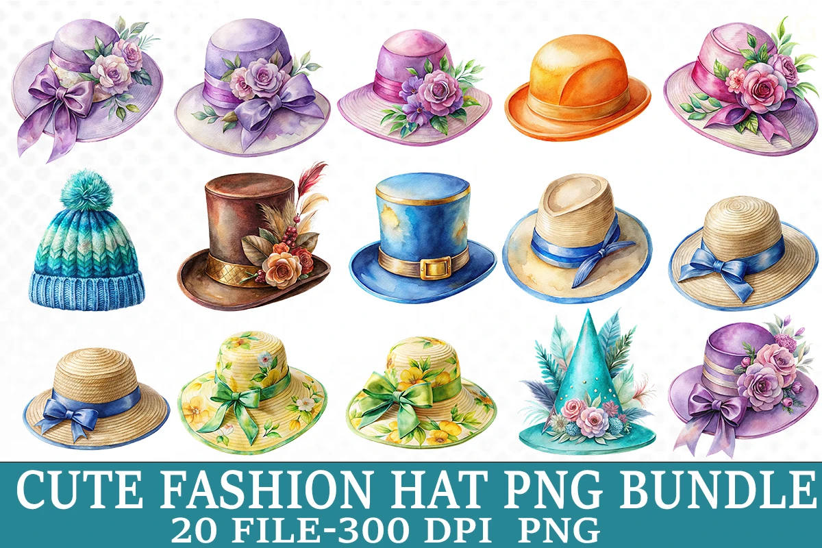 Watercolor Cute Fashion Hat PNG Bundle