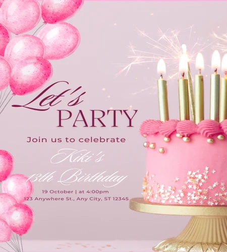 Pink Watercolor 13th Birthday Invitation